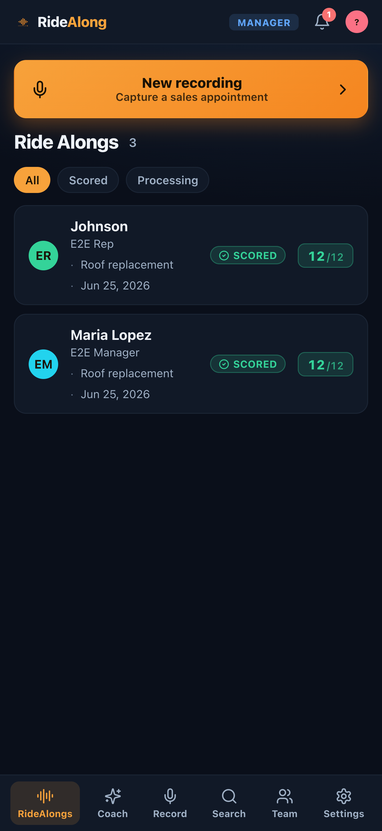 RideAlong dashboard listing scored meetings against a configurable rubric