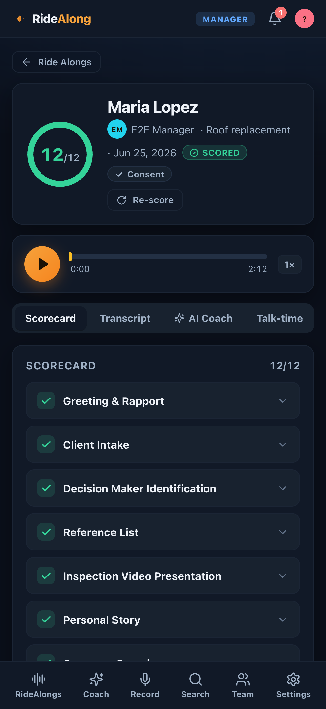 RideAlong scorecard showing a 12 of 12 graded customer meeting